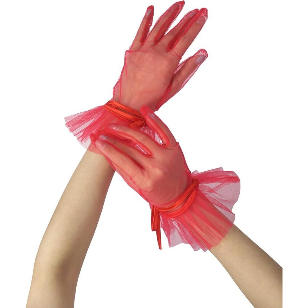 Women's Evening Dark Red Ruffles Mesh Tulle Short Gloves Wedding Party Accessory